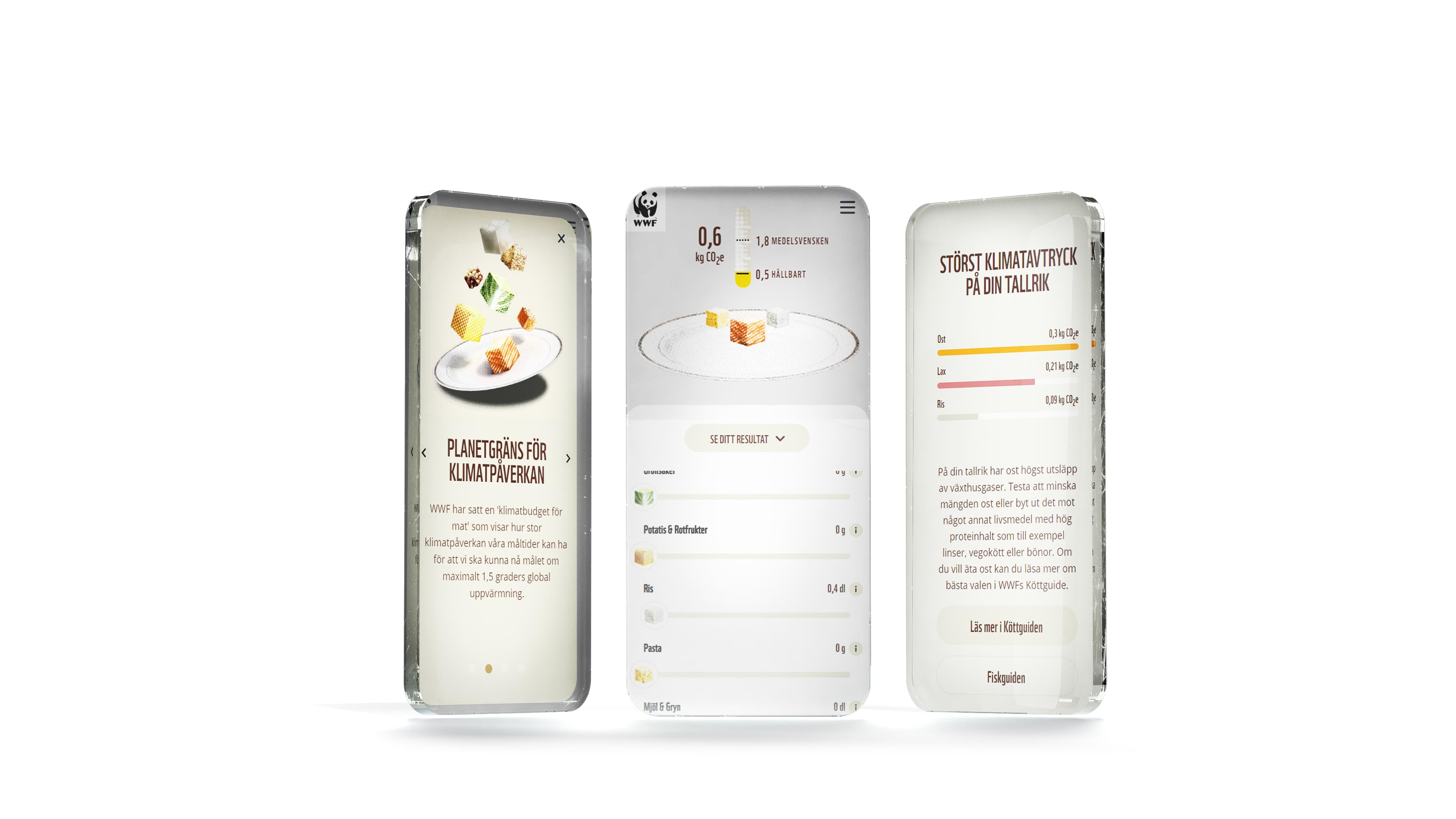 Smartphone-liknande prototyper som visar webbapplikationen WWFs matkalkylator i tre olika vyer.