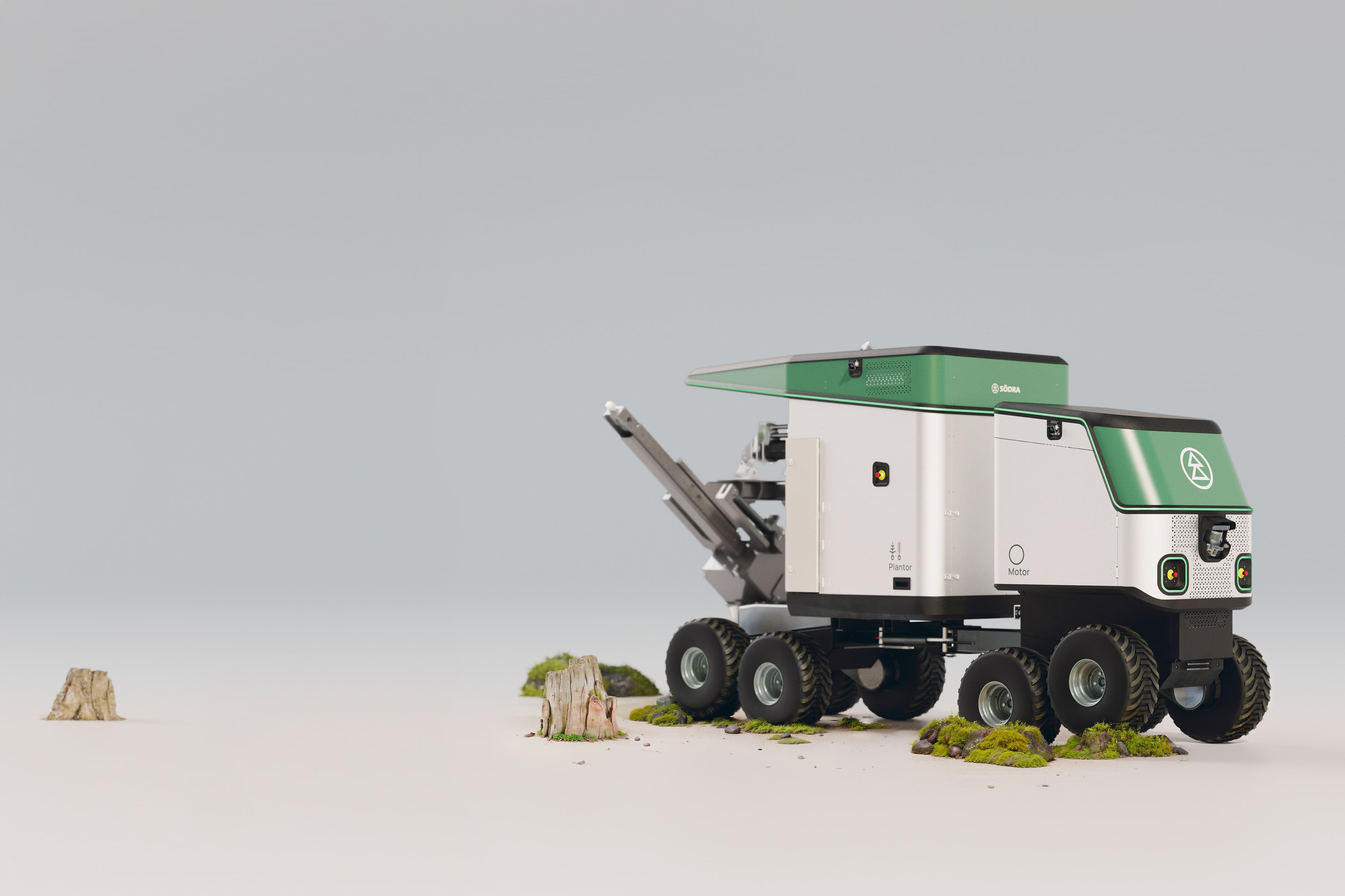 Realistisk visualisering av planteringsroboten när den åker över mossa och stenar.